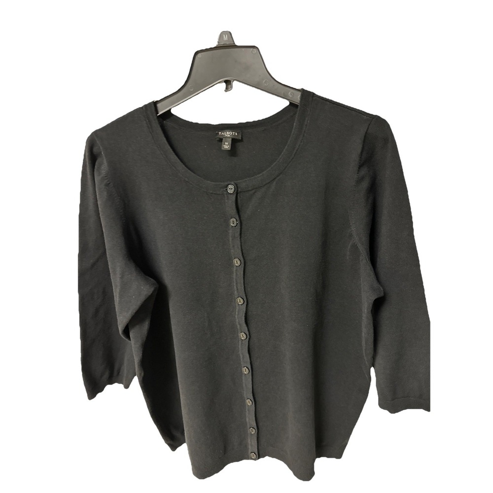 Talbots Women Cardigan Size 1X Solid Black Rayon Nylon Button Up 3/4 Sleeve Knit